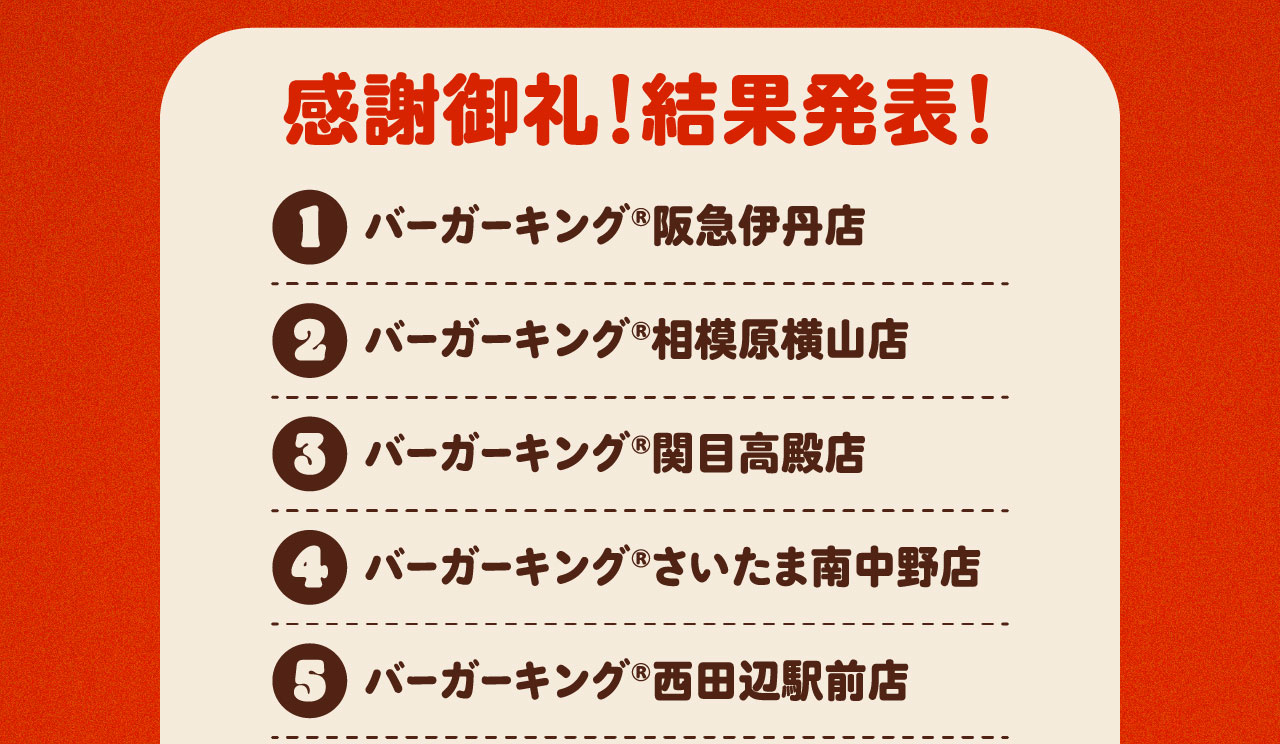 感謝御礼！結果発表！①バーガーキング®阪急伊丹店 ②バーガーキング®相模原横山店 ③バーガーキング®関目高殿店 ④バーガーキング®さいたま南中野店 ⑤バーガーキング®西田辺駅前店